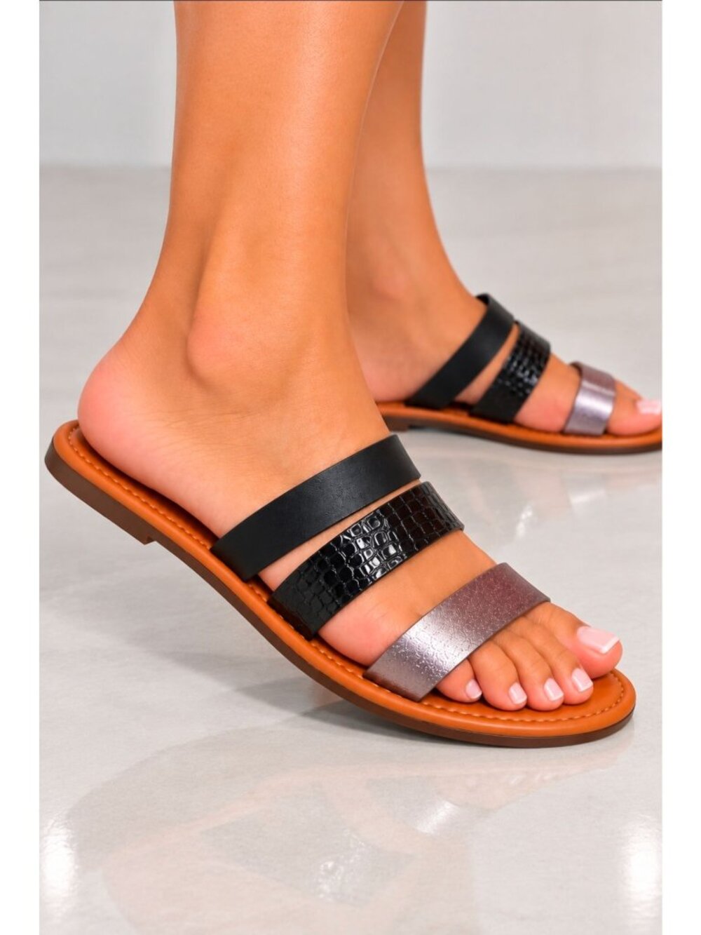 Black & Metallic Silver Croc Embossed Triple Strap Flat Slide Sandals